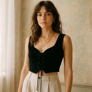 Vintage Dutch Black Velvet Lace-Up Corset Vest S